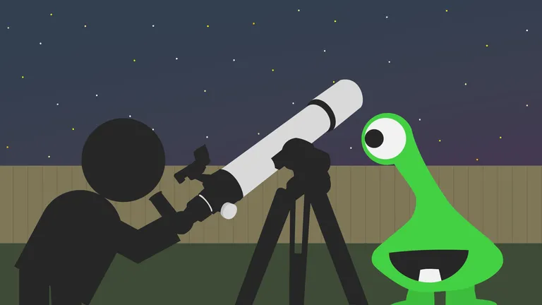 A person looks through a telescope at a starry sky, unaware of their immediate surroundings.
