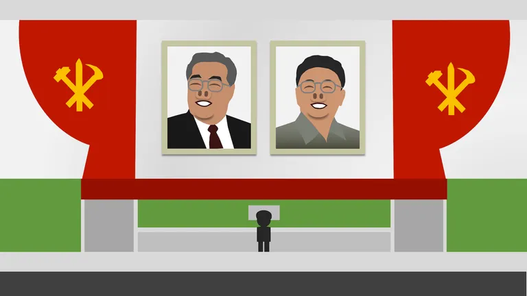 A soldier stands guard in front of portraits of North Korea’s revered leaders