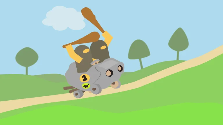 Cavemen try to ride up a hill in a car made of stone