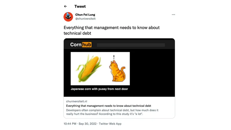Screenshot of a tweet that contains a rather embarrassing preview image of a corn video