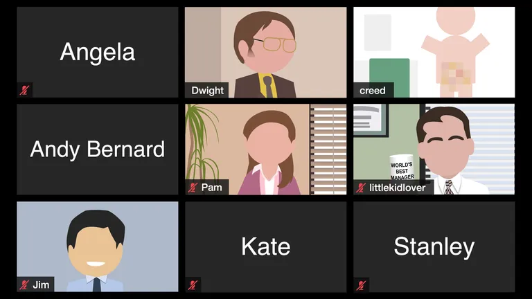 A virtual meeting with Dunder Mifflin employees. One of the employees is wearing their birthday suit.