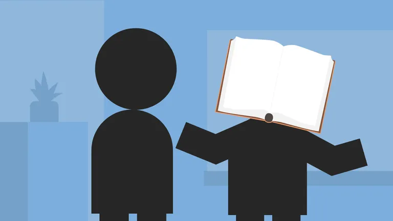 Two people in a conversation. One of the two has a head that looks like an open book.
