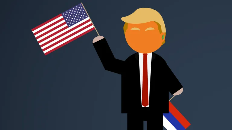 An orange president waves an American flag, while also holding a Russian one
