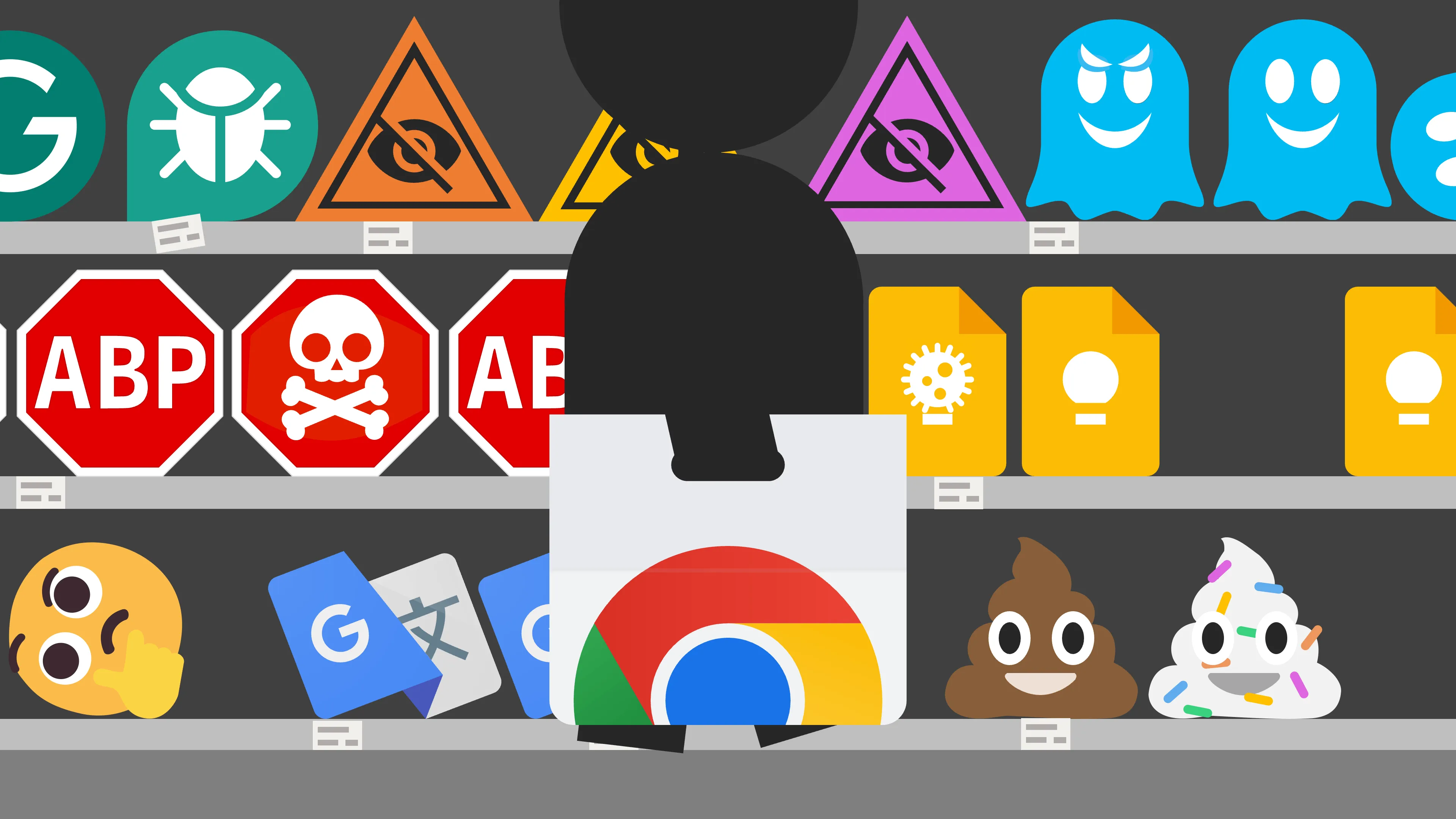 A person carrying a Chrome Web Store shopping bag walks past shelves with questionable wares.
