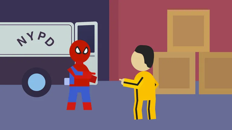 Spiderman and Bruce Lee point at each other
