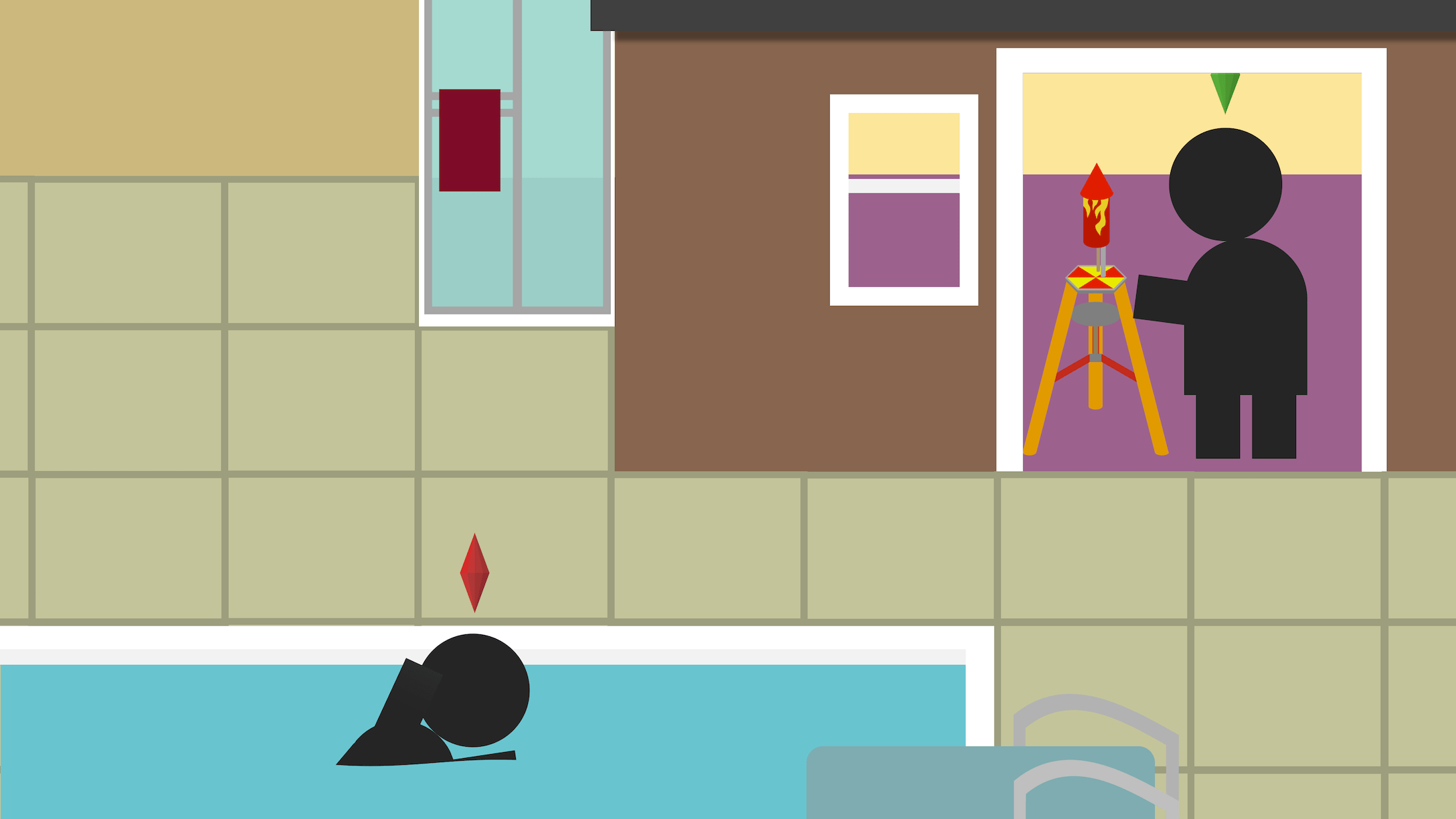 Peculiar house with an indoor fireworks kit and an outdoor pool without a way to exit it
