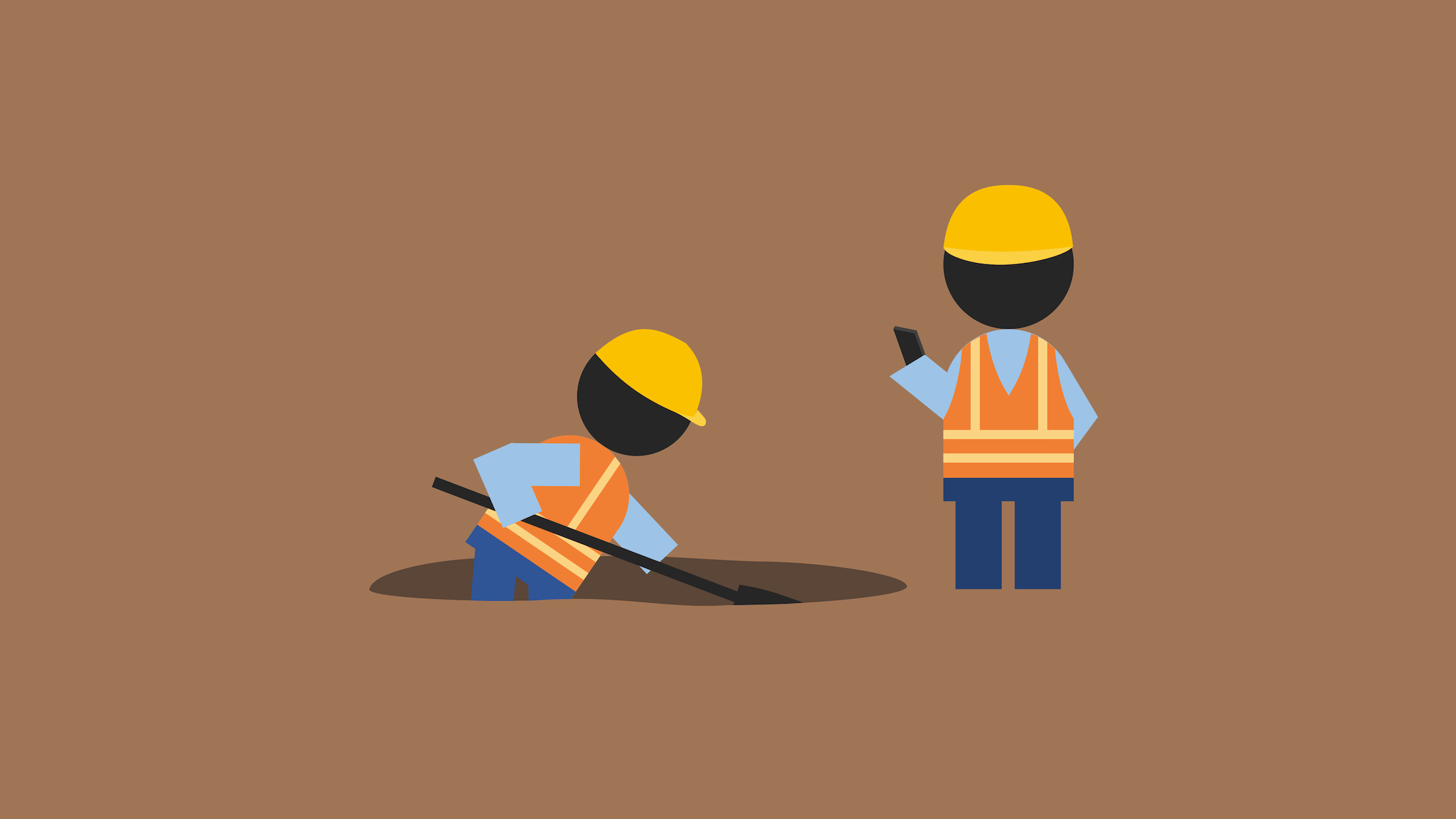 Construction worker pretends to check the work of his colleague