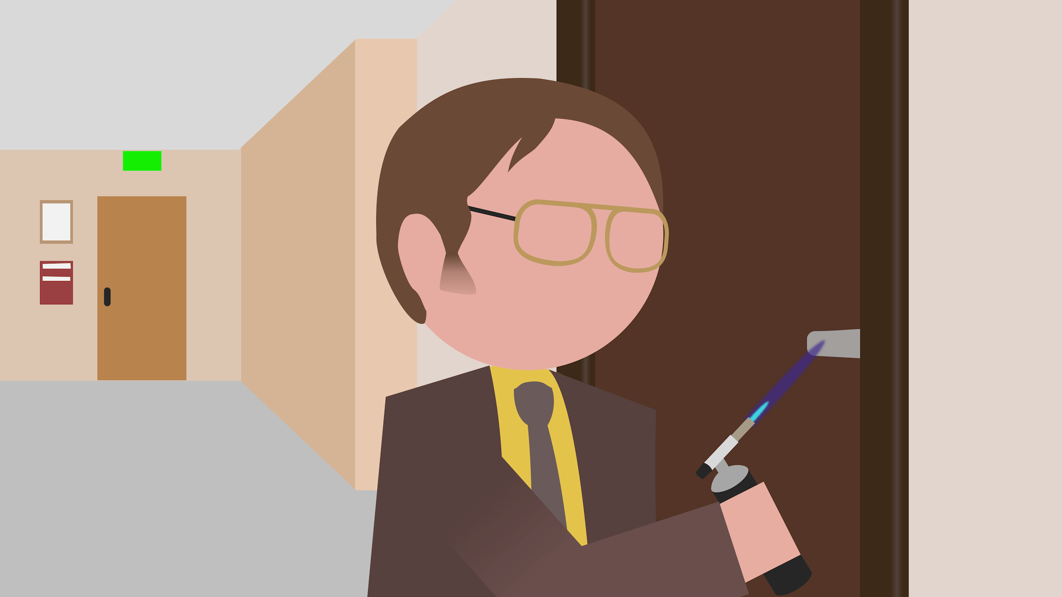 Dwight heats up door handle using torch