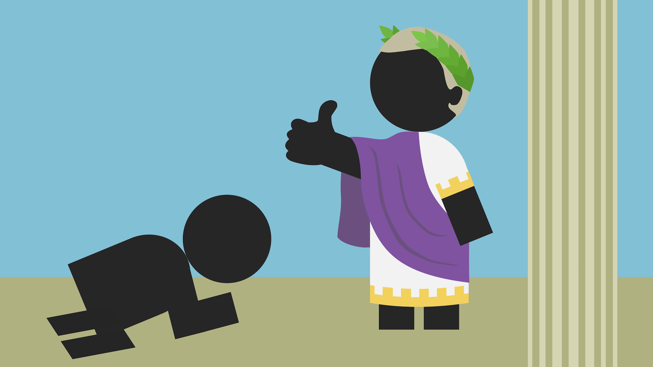 Roman emperor gives a thumbs up to a subject from the lower classes