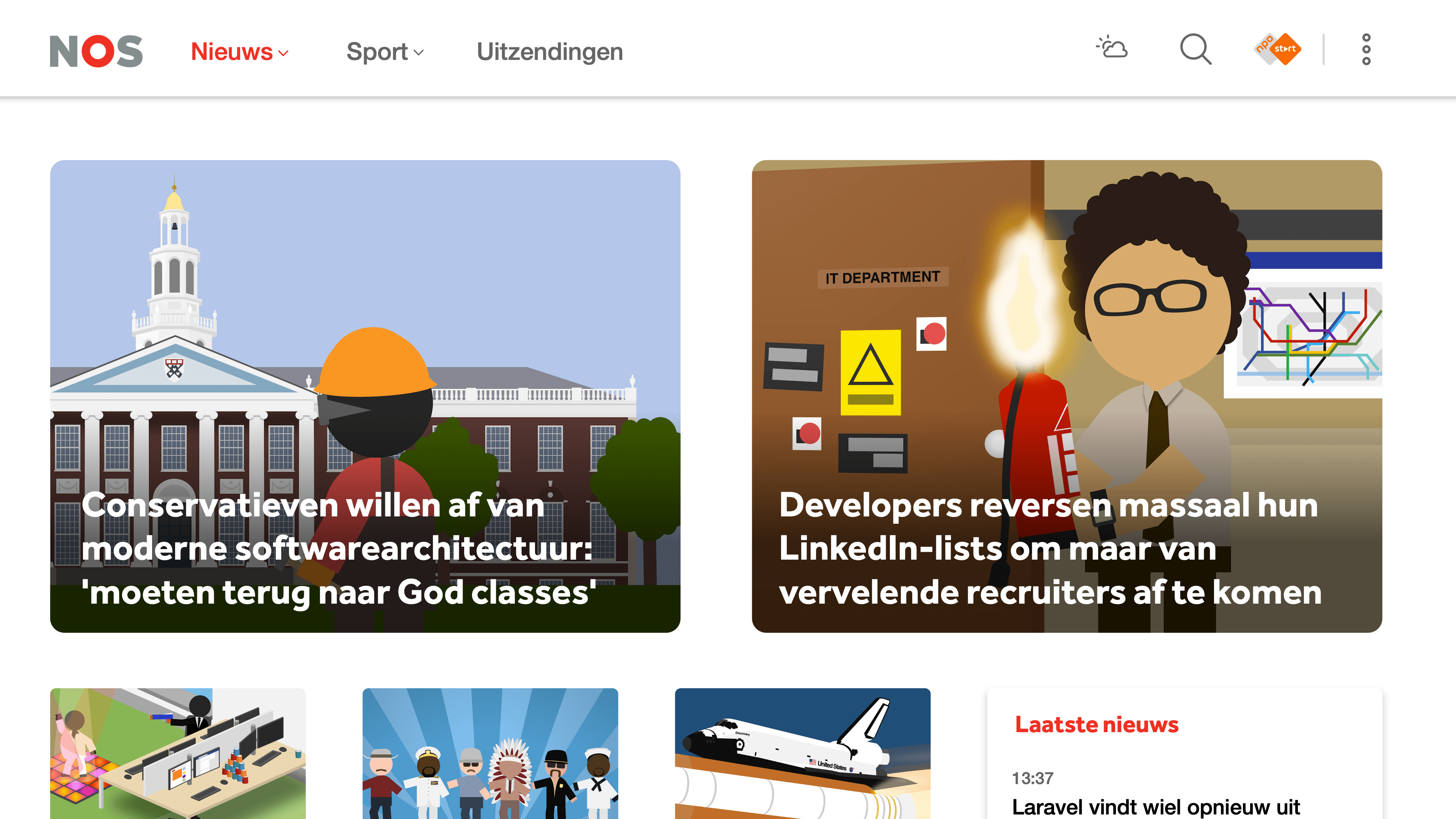 Parodie van de voorpagina van NOS.nl, met o.a. de artikelen ‘Conservatieven willen af van moderne softwarearchitectuur: “moeten terug naar God classes”’ en ‘Developers reversen massaal hun LinkedIn-lists om maar van vervelende recruiters af te komen’.
