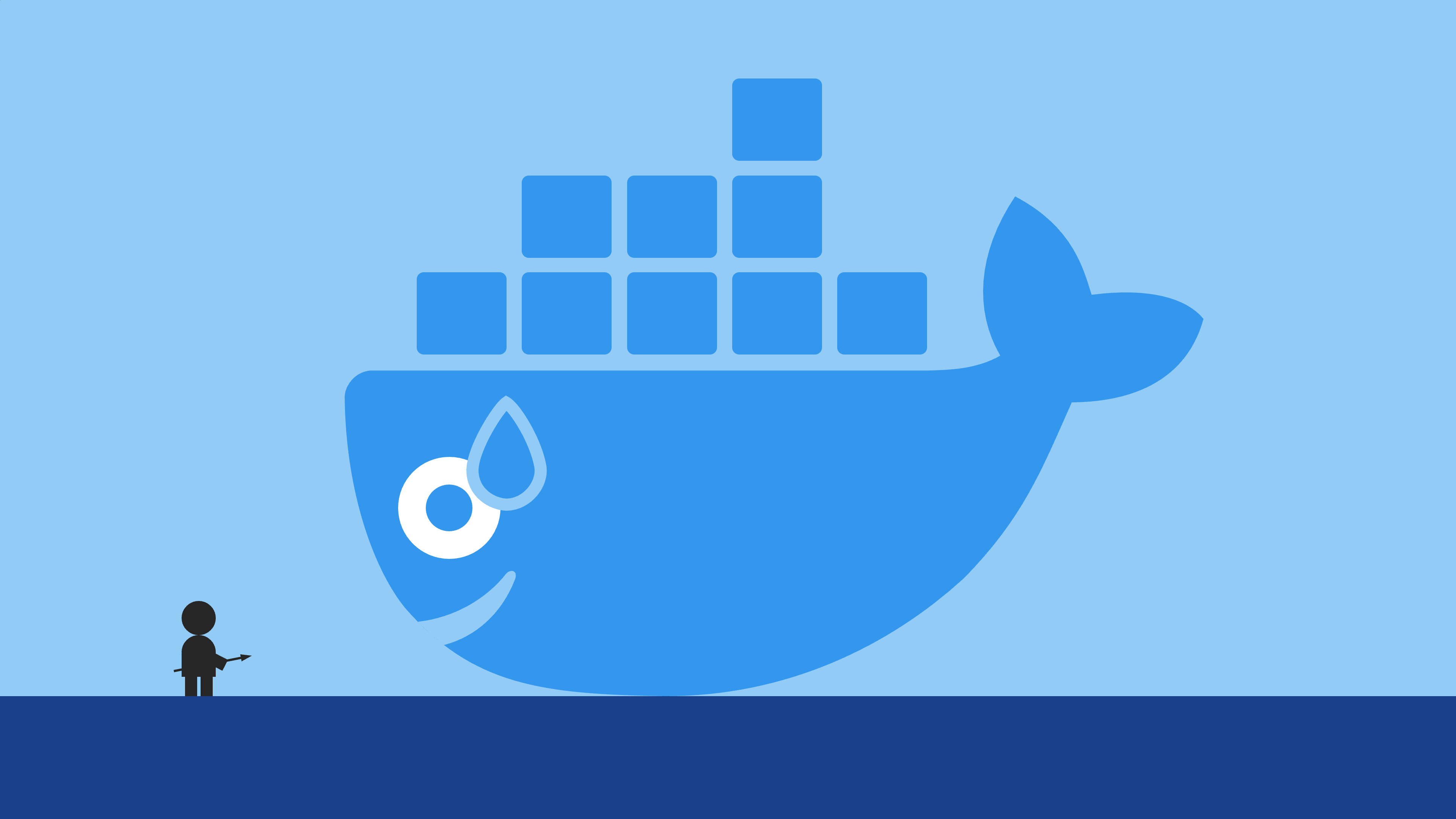 Docker whale has a mildly panicked look on its face when it’s stranded and encounters a human hunter.