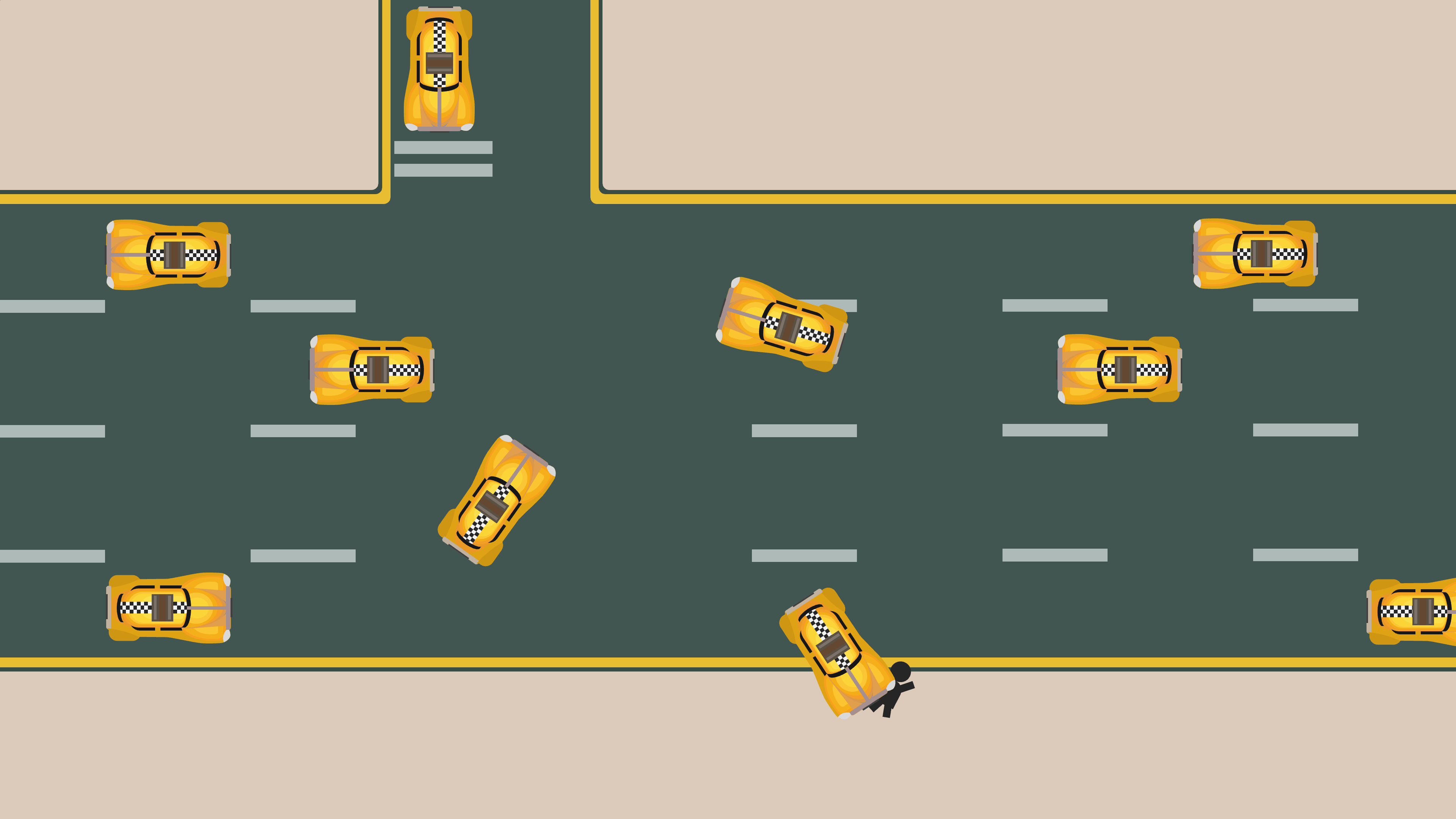 Spoof of GTA2, where all cars have been replaced by taxis. One of the taxis is driving over a pedestrian.
