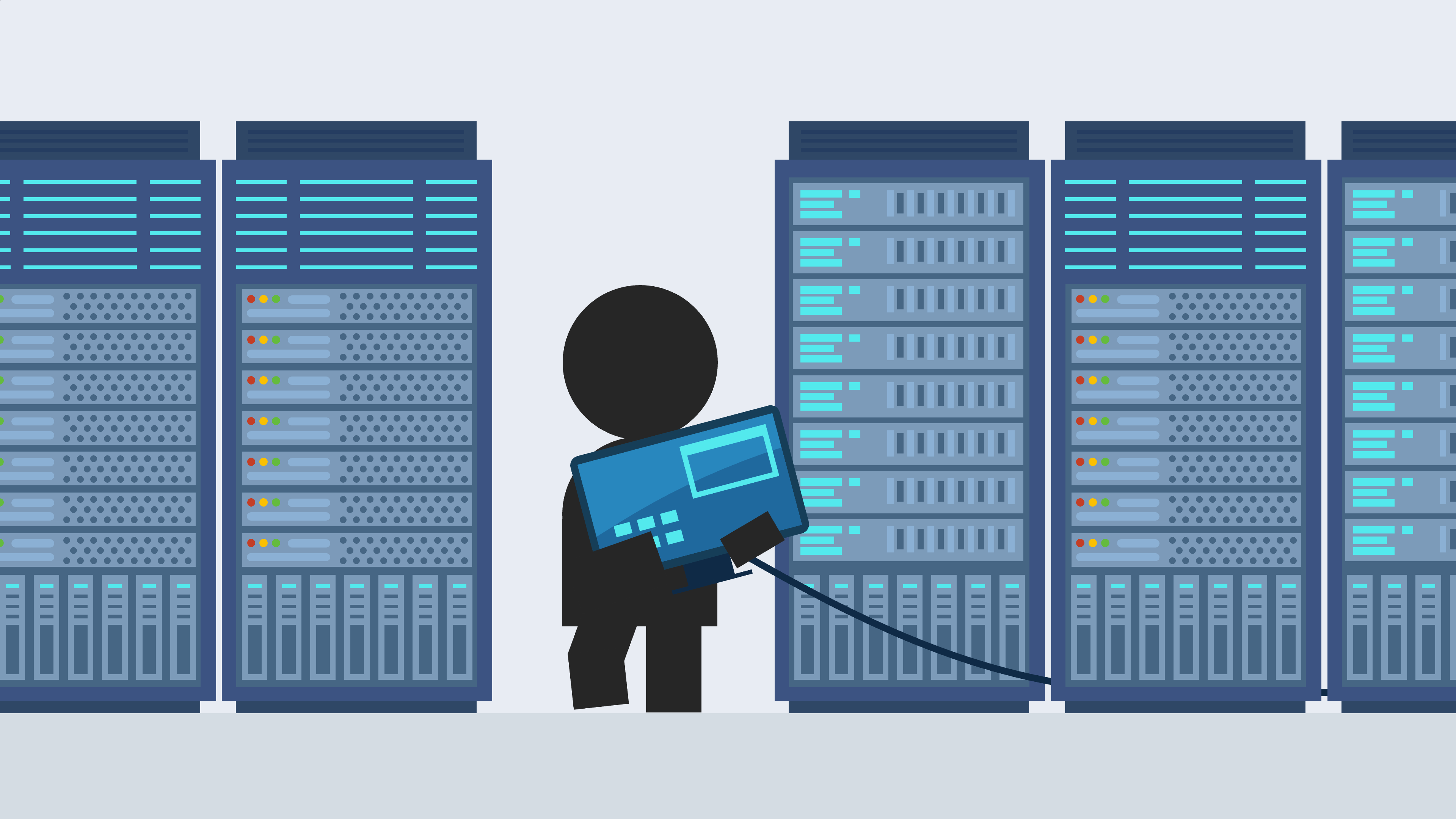 A man grabs a desktop PC monitor from a server rack