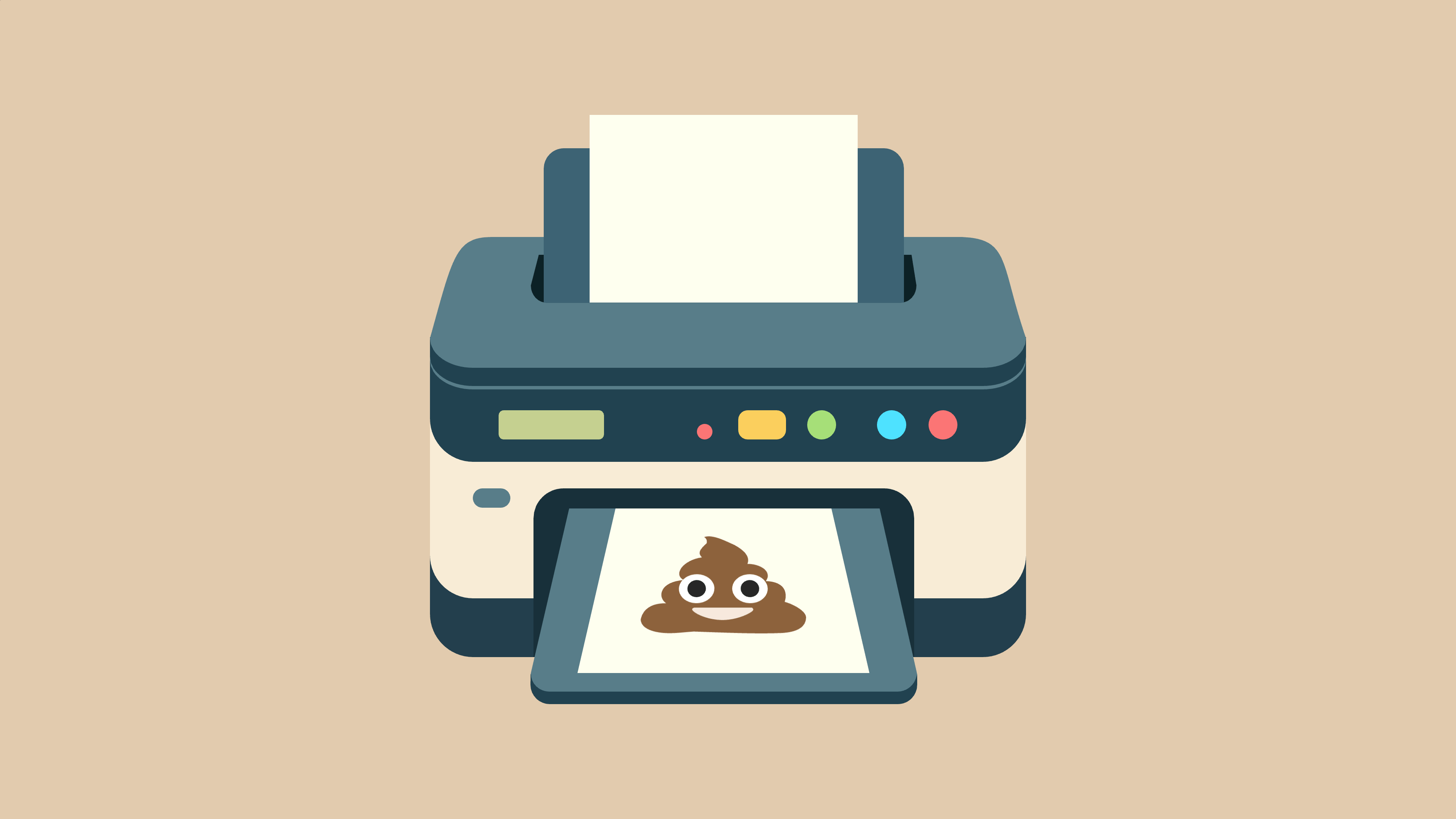 A printer prints out a sheet of paper with a poop emoji on it
