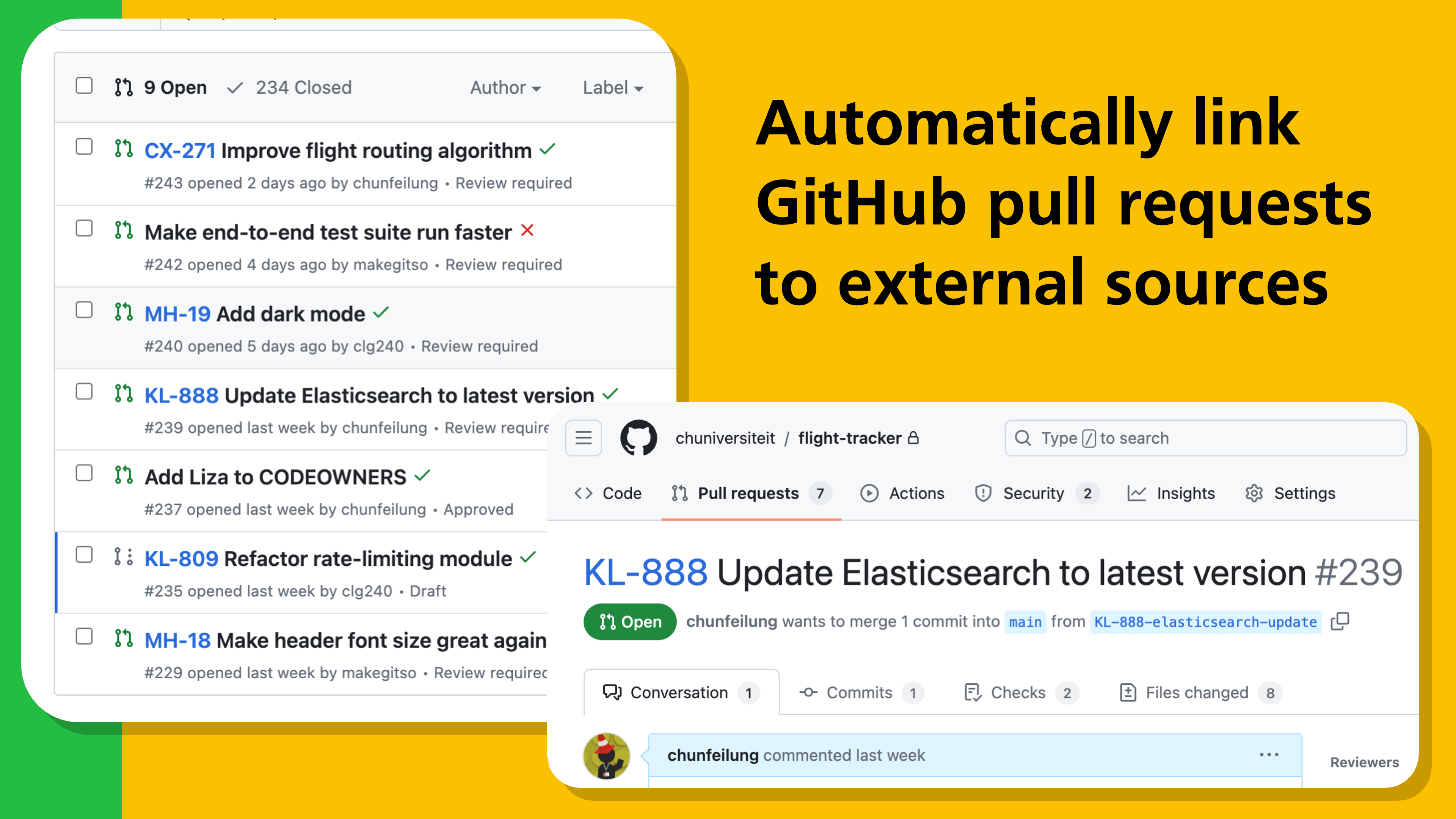Two screenshots that show how the Alright browser extension turns references to external sources in pull request overviews and detail pages into hyperlinks.