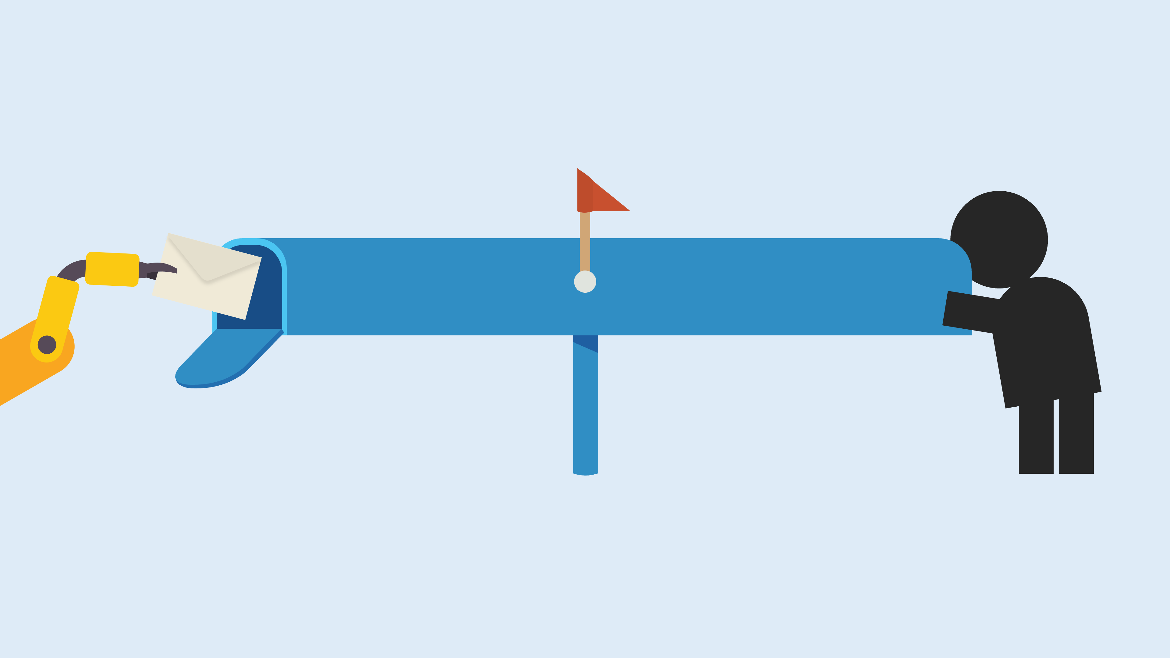 A robot arm puts an envelop into a long-distance mailbox