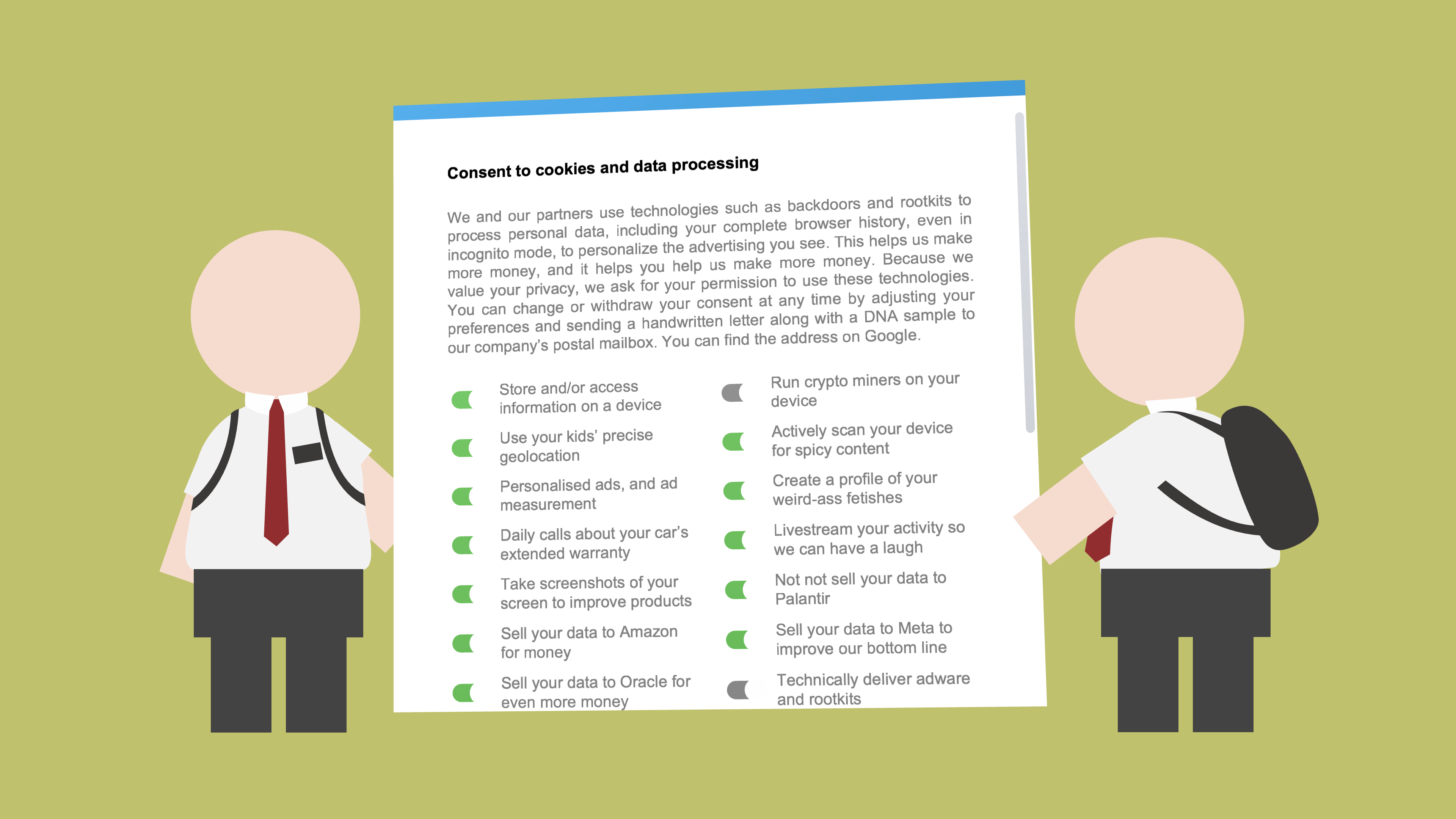 Missionaries standing in a doorway, holding a gigantic privacy notice popup.