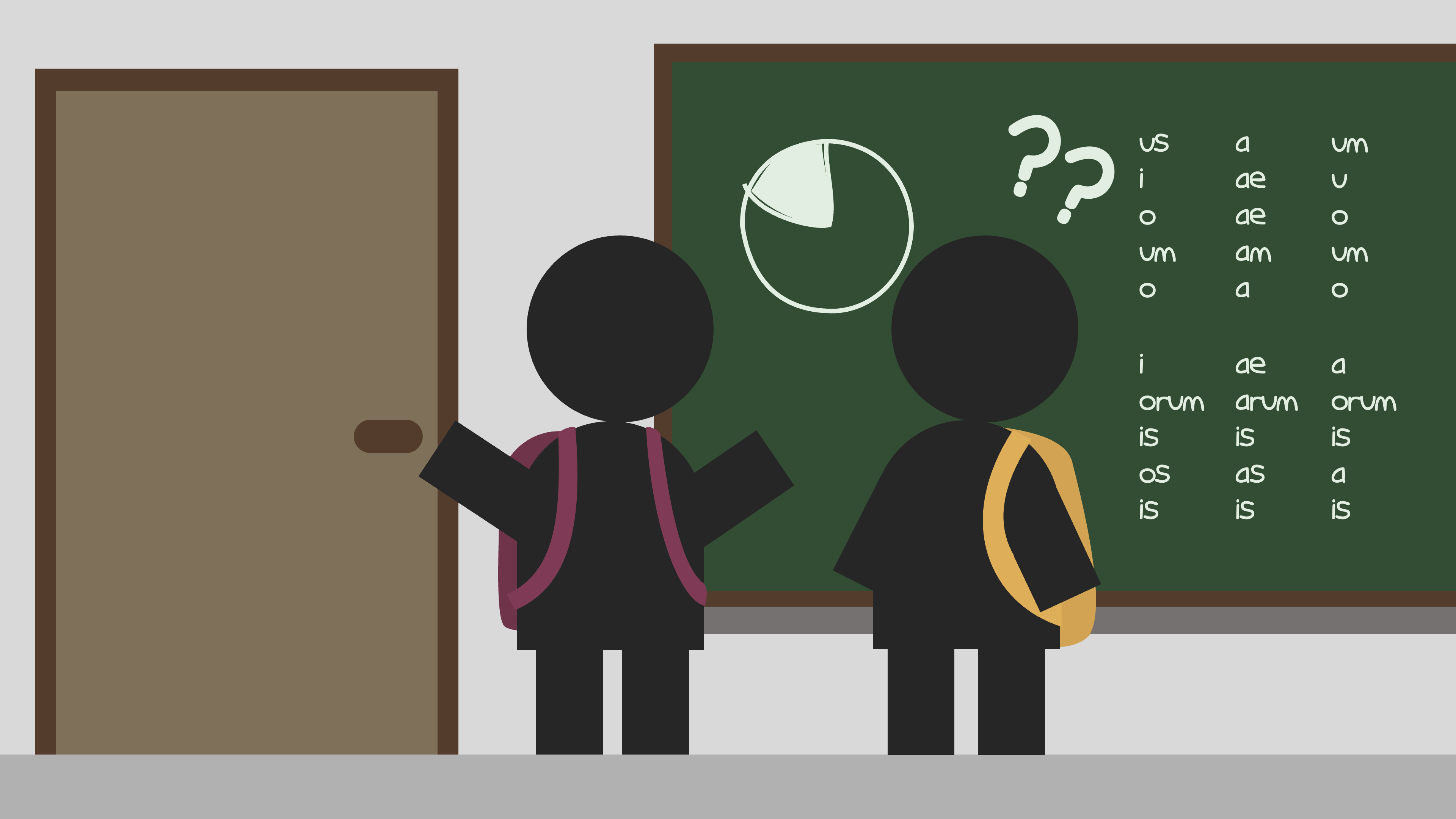 Two students standing in front of a blackboard.