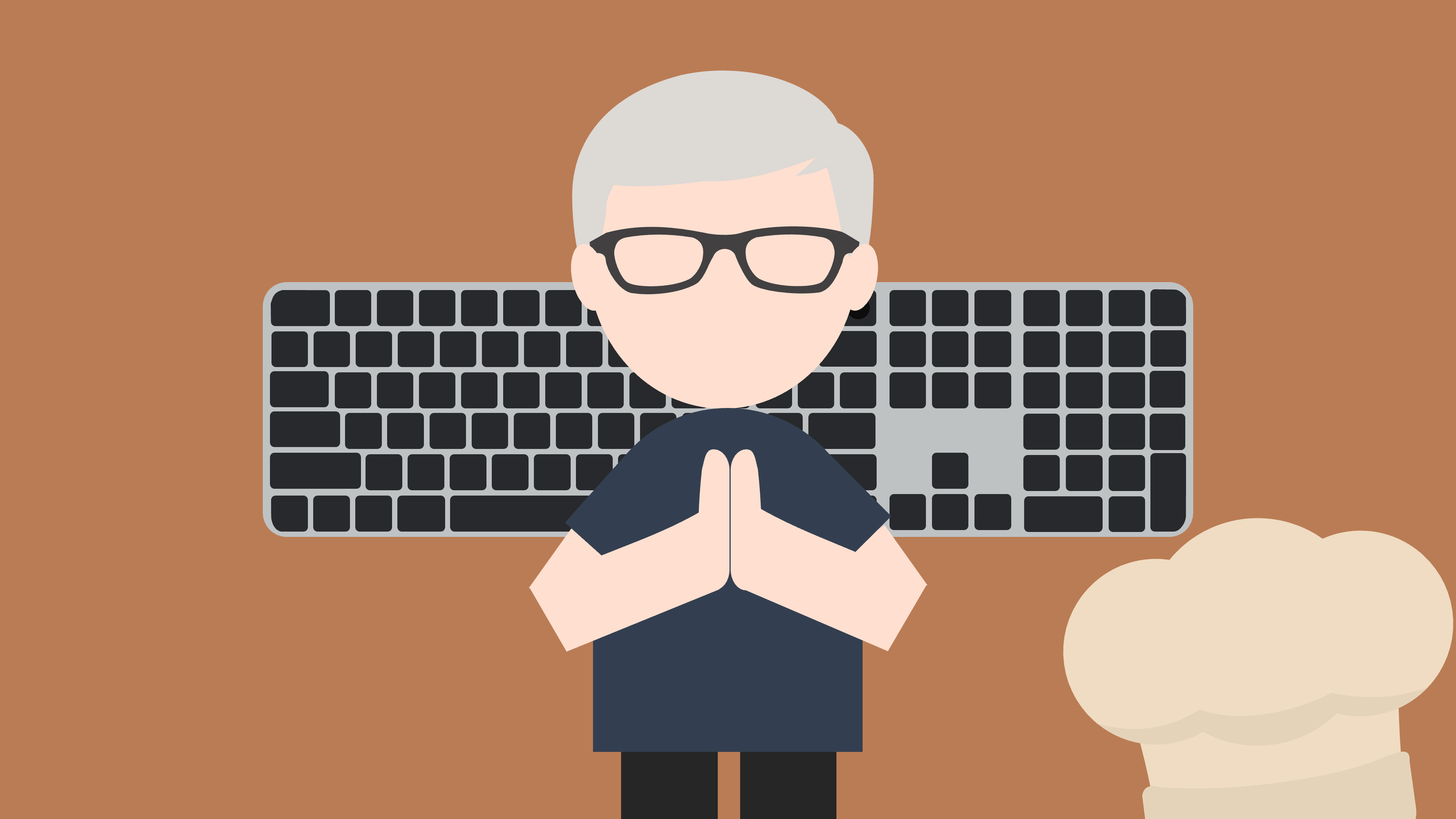 Tim Cook presenting a Magic Keyboard, with an unworn chef’s hat next to him